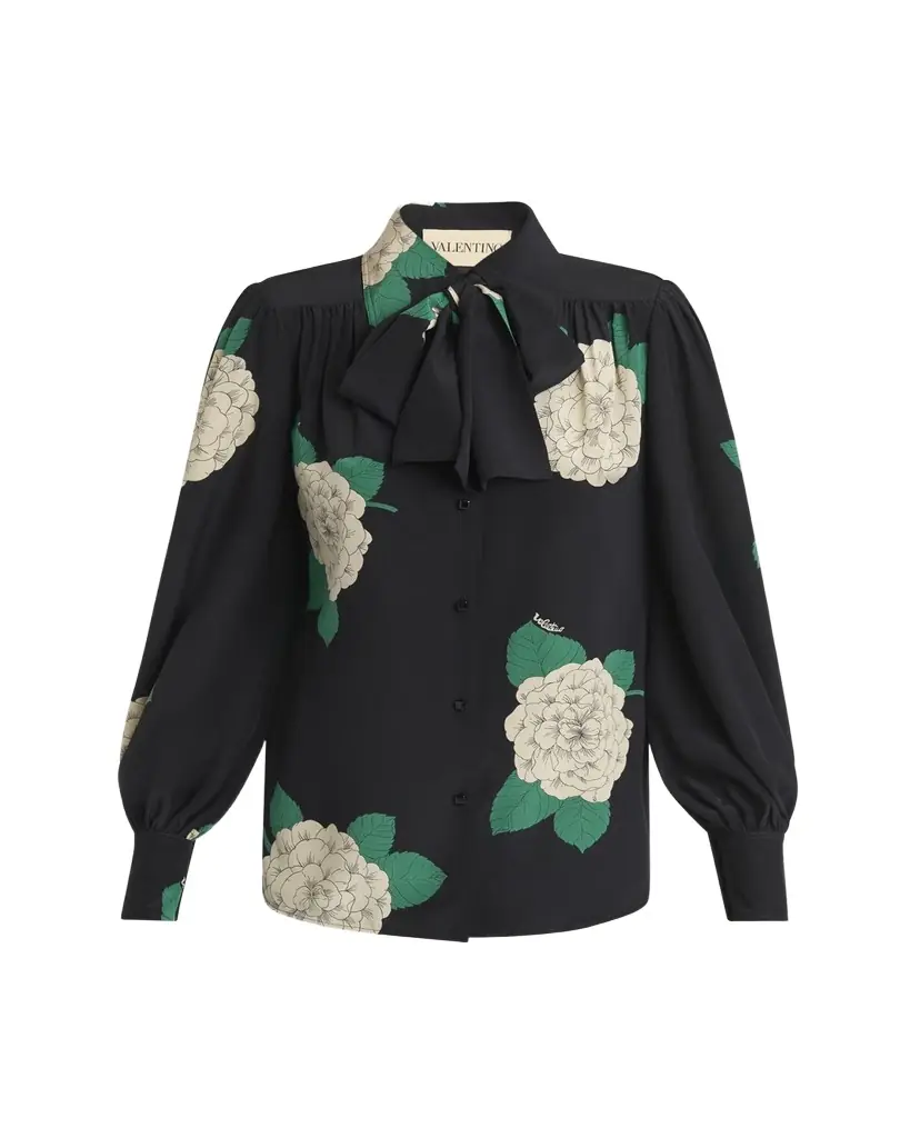 Valentino Garavani Floral Print Tie-Neck Silk Blouse