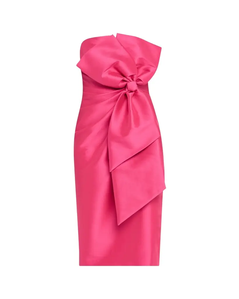 Badgley Mischka Strapless Bow-Front Mikado Midi Dress
