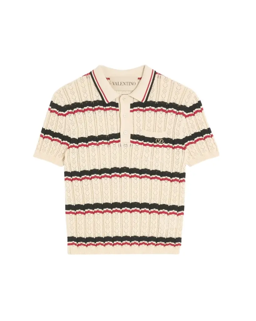 Valentino Garavani Men's Stripe Cotton Eyelet VLogo-Pocket Polo Shirt