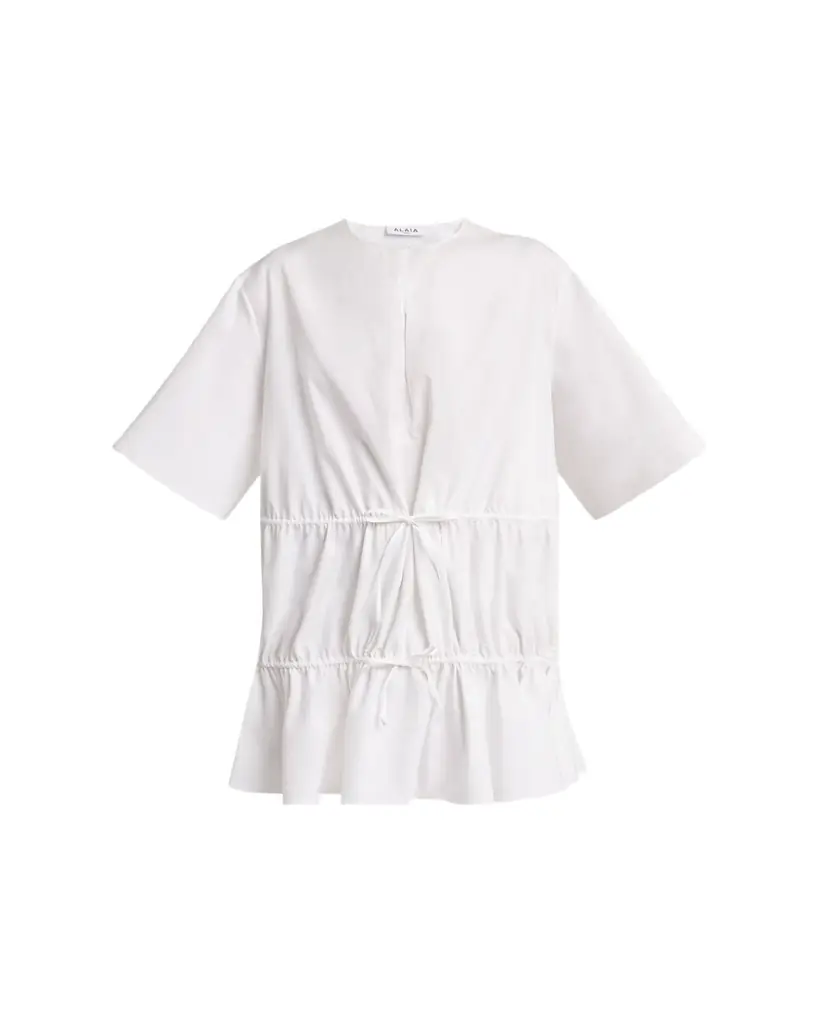 ALAIA Short-Sleeve Tiered Tie Mini Dress