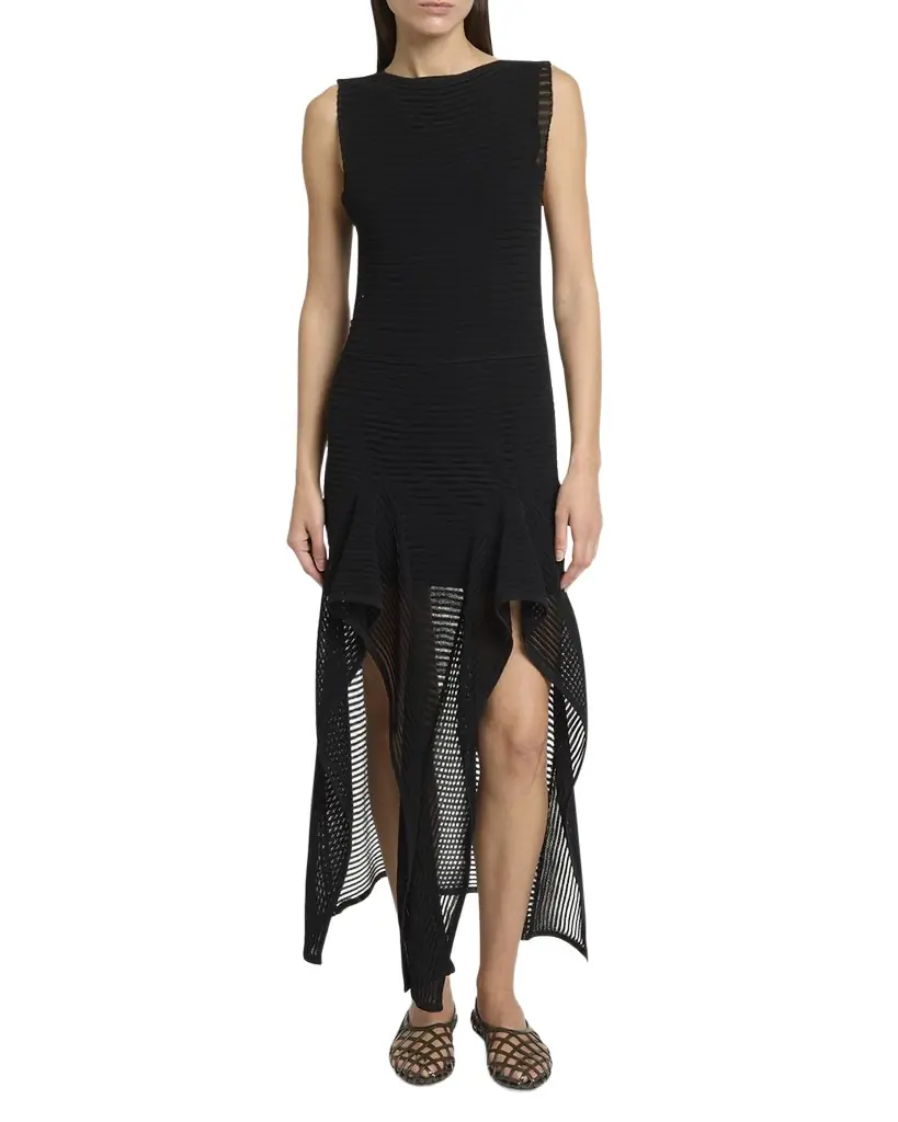 ALAIA Sleeveless Ruffled Ladder Knit Maxi Dress