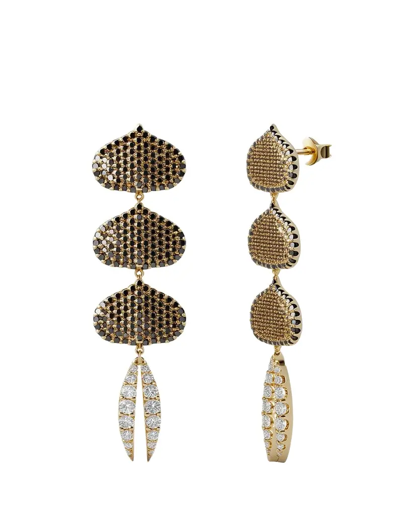 KAMAL Triple Eye Adore Lotus Black and White Diamond Earrings