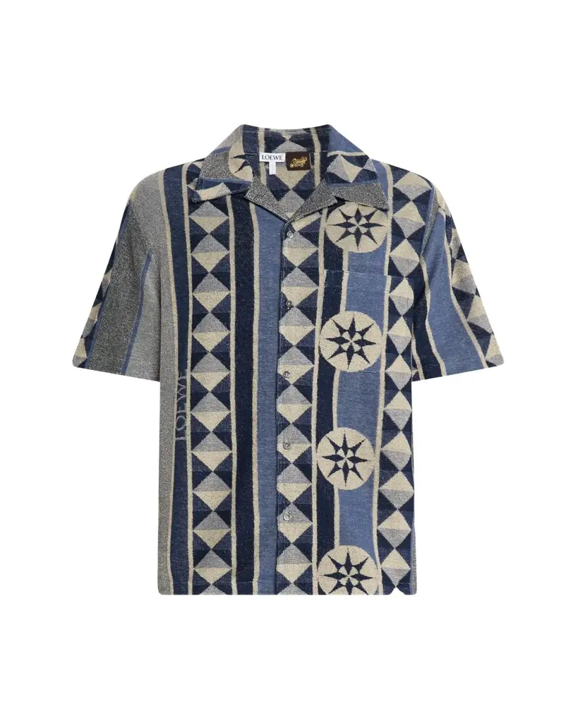 Loewe Men's Cotton Terry Compass-Print Camp Shirt