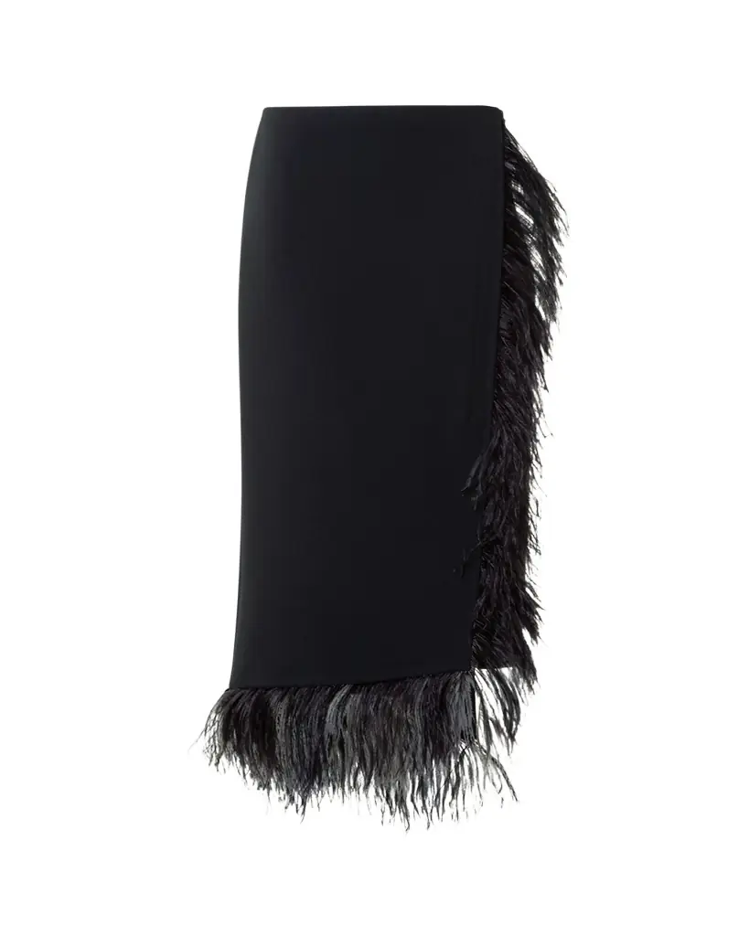 Akris Feather-Trim Wool Stretch Double Face Midi Wrap Skirt