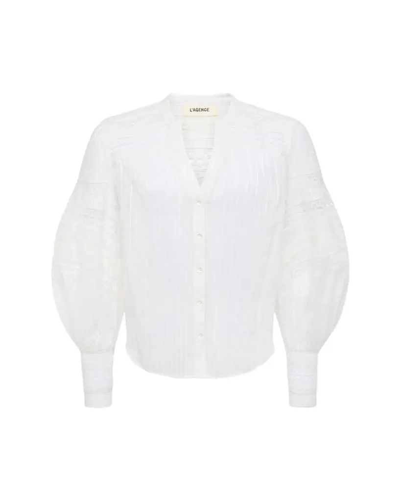 L'Agence Kiera Semi-Sheer Geometric-Trim Blouse