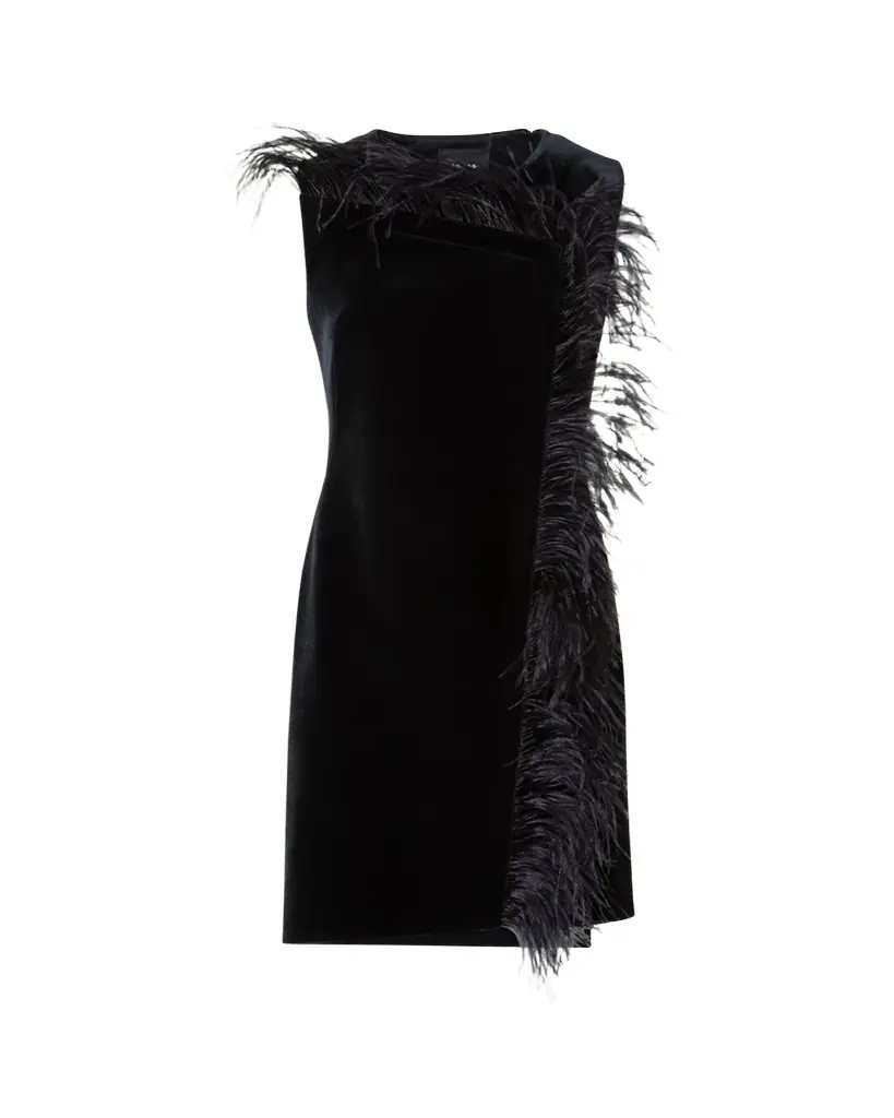 Akris Neoprene Velvet Feather-Trim Asymmetric Mini Dress