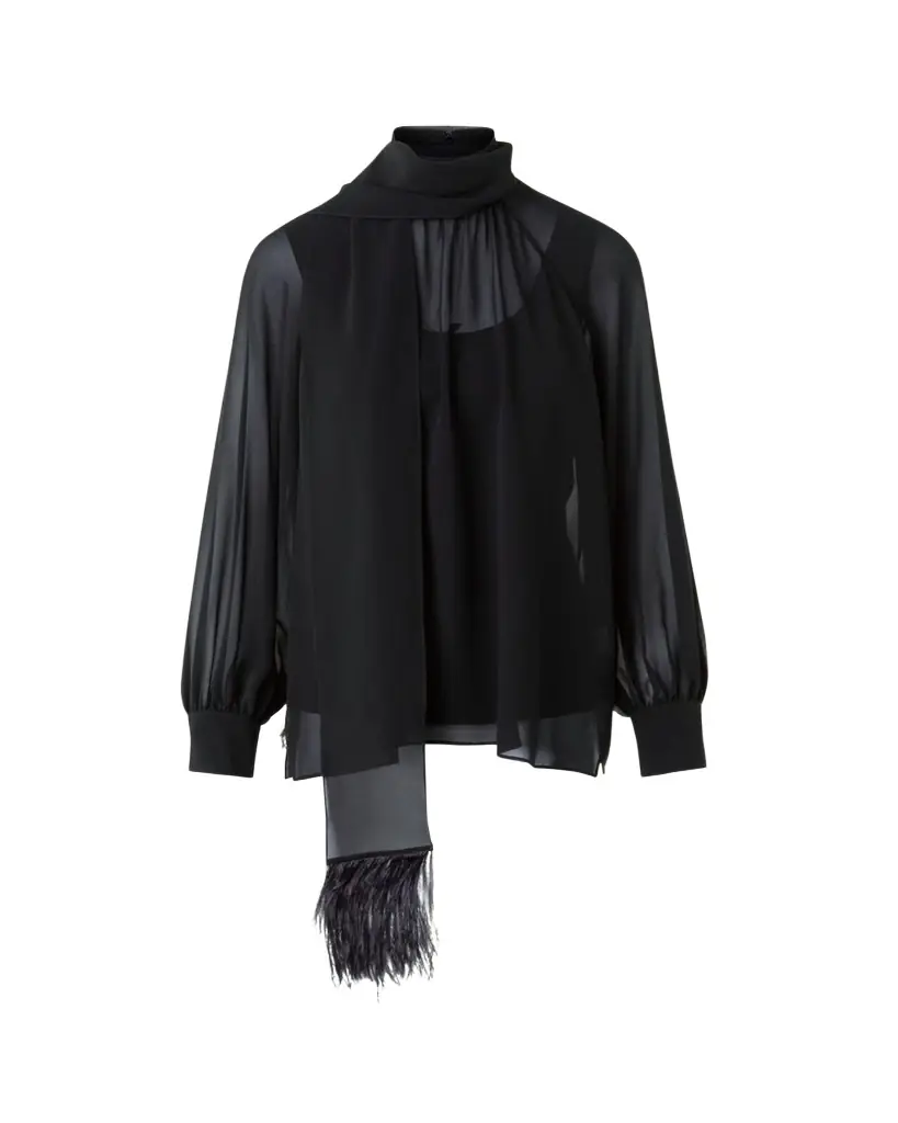 Akris Feather-Trim Scarf Silk Georgette Blouse