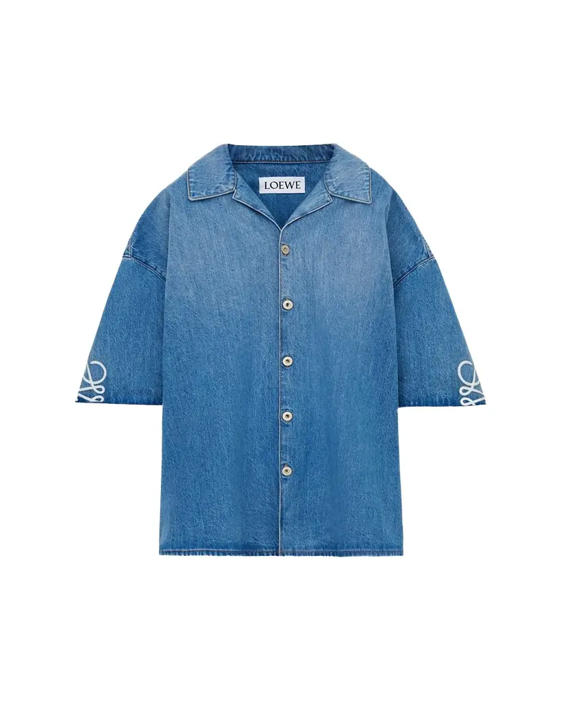Loewe Men's Washed Denim Anagram-Sleeve Camp Shirt