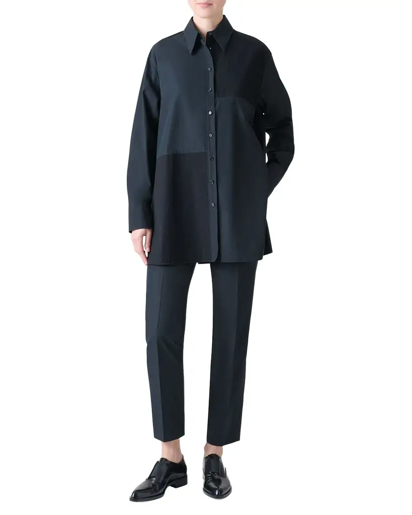 Akris Stitched Pleats Inset Cotton Poplin Oversized Shirt