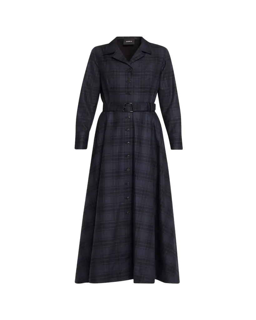 Akris Flannel Plaid Belted Long-Sleeve Maxi Shirtdress