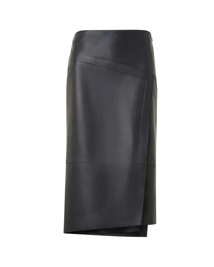 Akris Asymmetric Trapezoid Nappa Leather Midi Skirt
