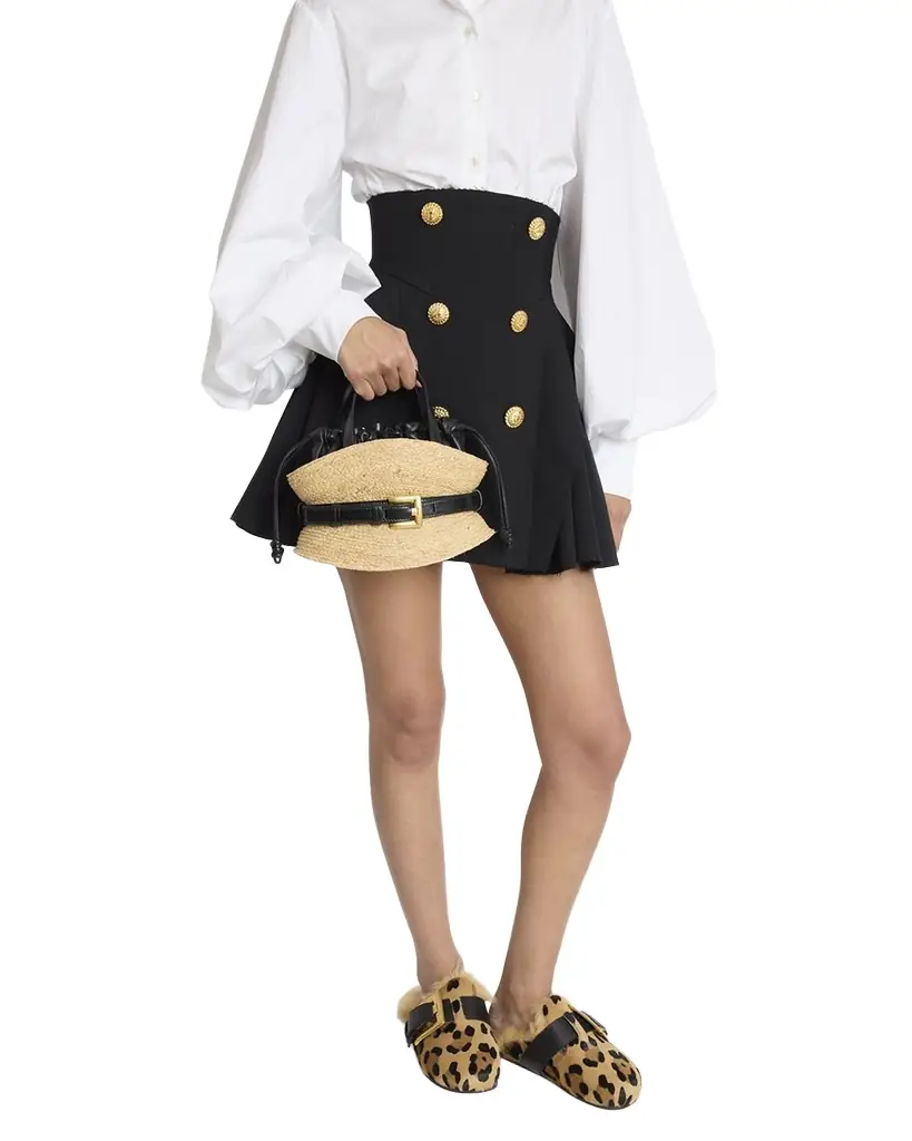 Balmain Shuffle Mini Top-Handle Bag in Raffia and Calfskin