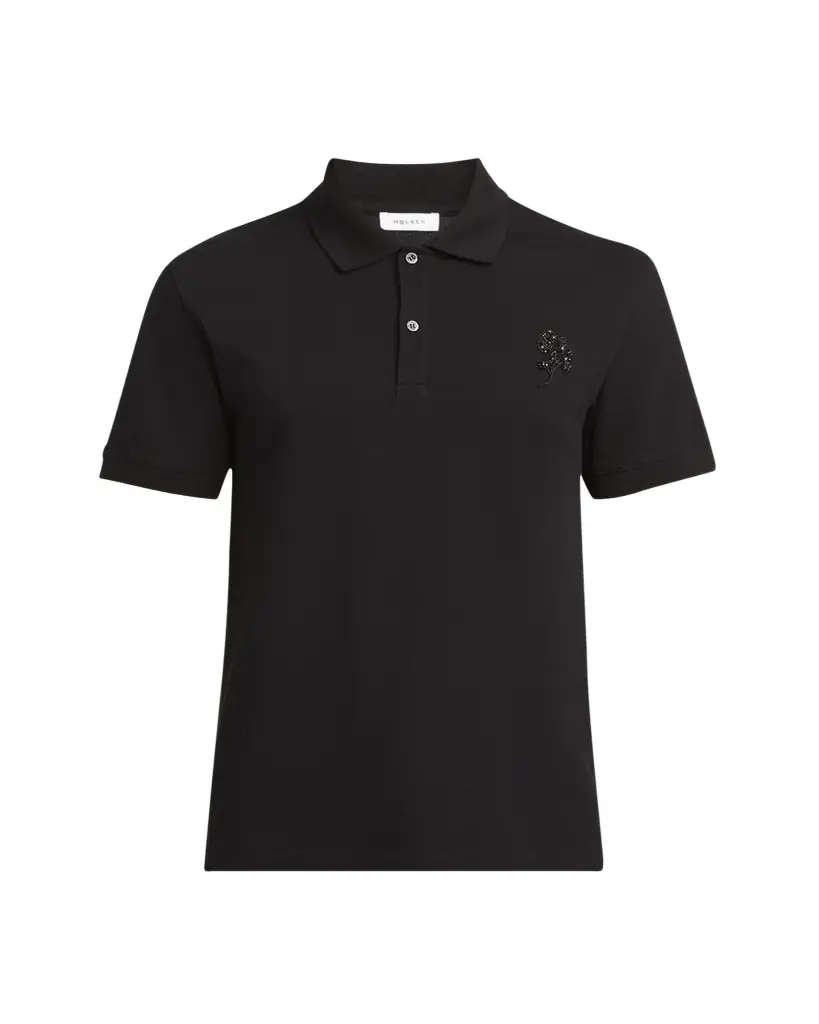McQueen Men's Short-Sleeve Beaded Rose Piqué Polo Shirt