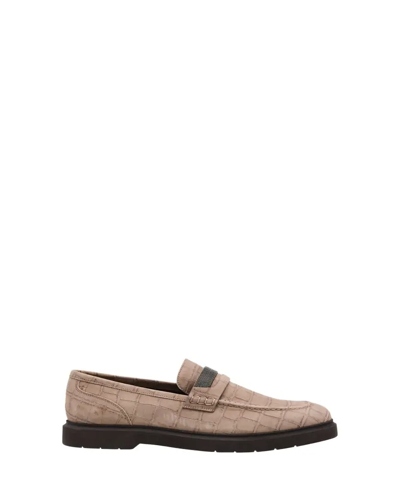 Brunello Cucinelli Croc-Embossed Suede Monili Penny Loafers