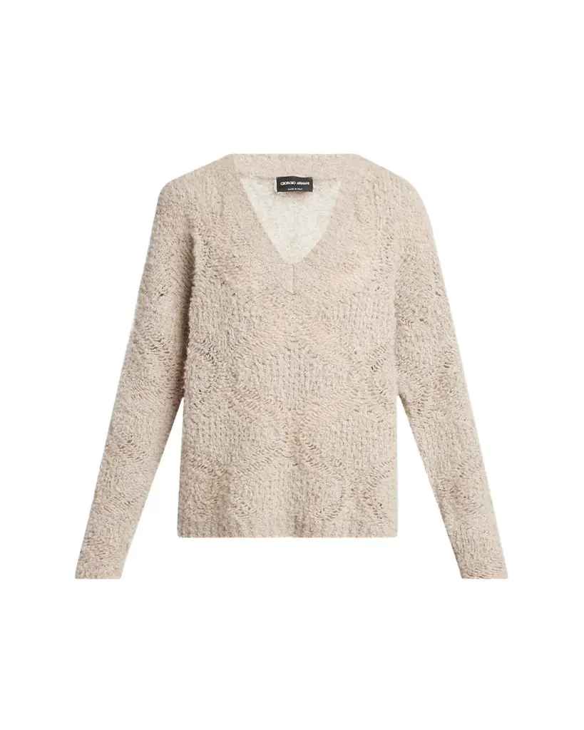 Giorgio Armani V-Neck Wool Cashmere Open-Knit Sweater