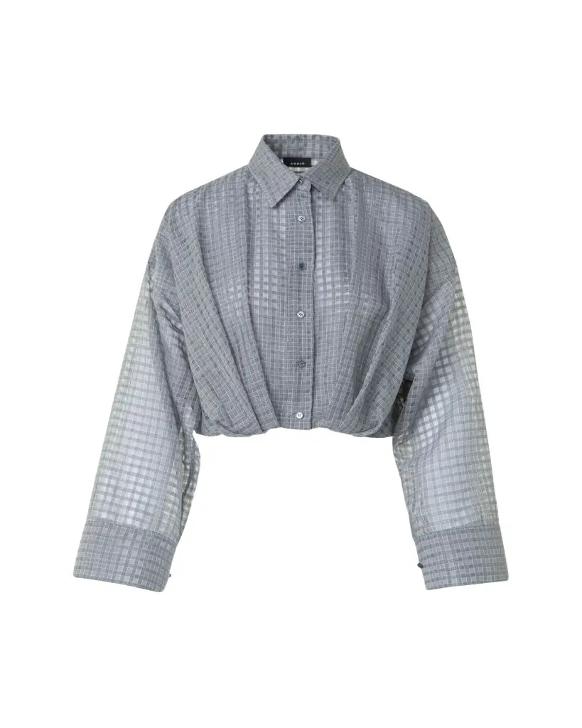 Akris Plaid Cotton Voile Blouse with Pleated Waist