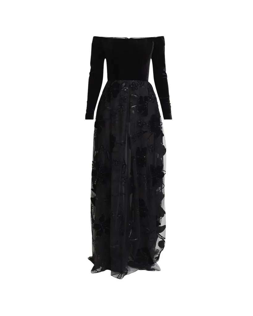 Elie Saab Off-The-Shoulder Velvet Sequined Tulle Gown