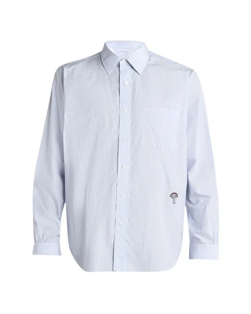 Bottega Veneta Men's Fine Stripe Poplin Shirt with Embroidered Mushroom Patch