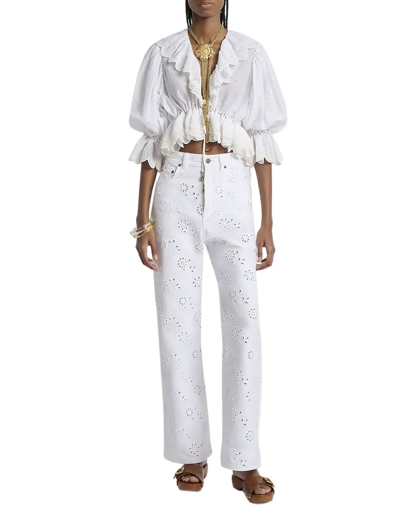Chloe Eyelet Cotton Ruffle Crop Peasant Blouse