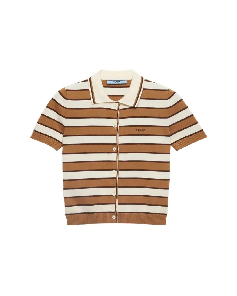 Prada Striped Short-Sleeve Polo Sweater