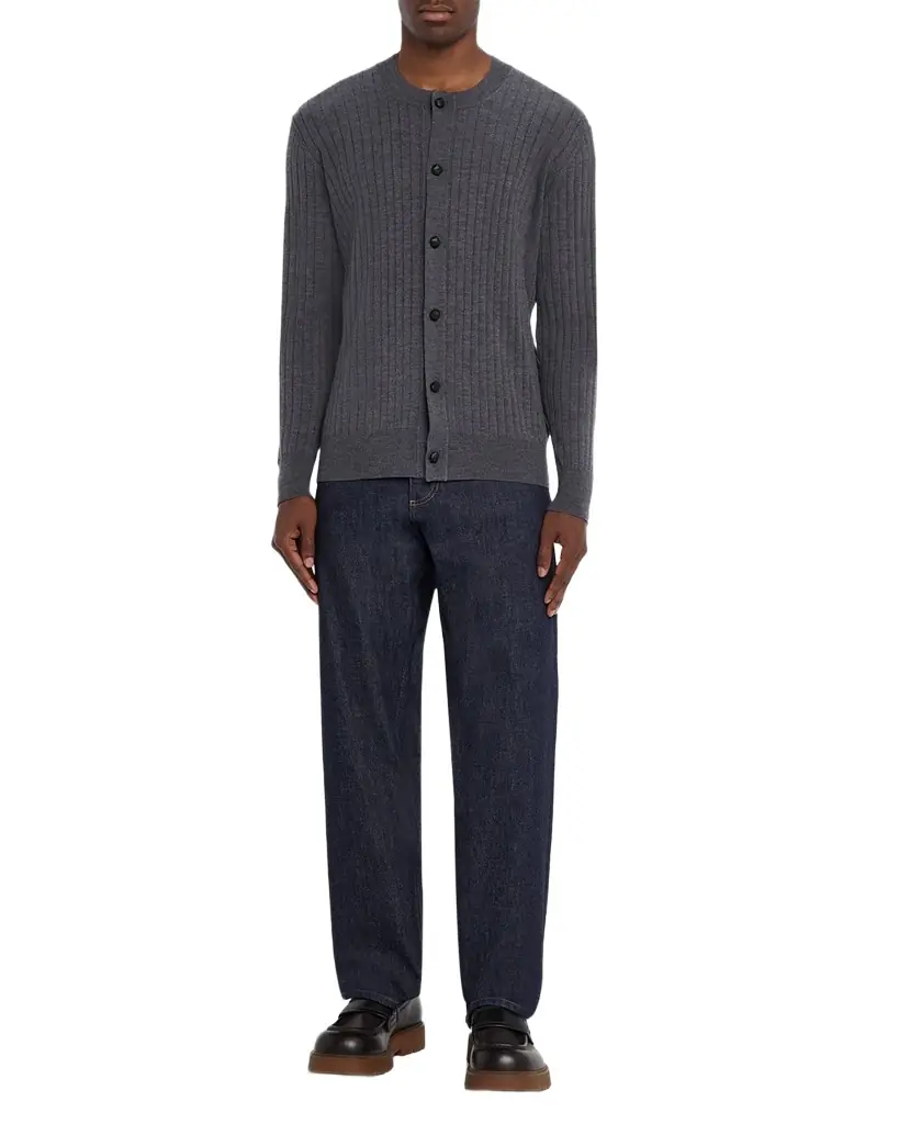 Bottega Veneta Men's Ribbed Wool Cardigan with Leather Buttons
