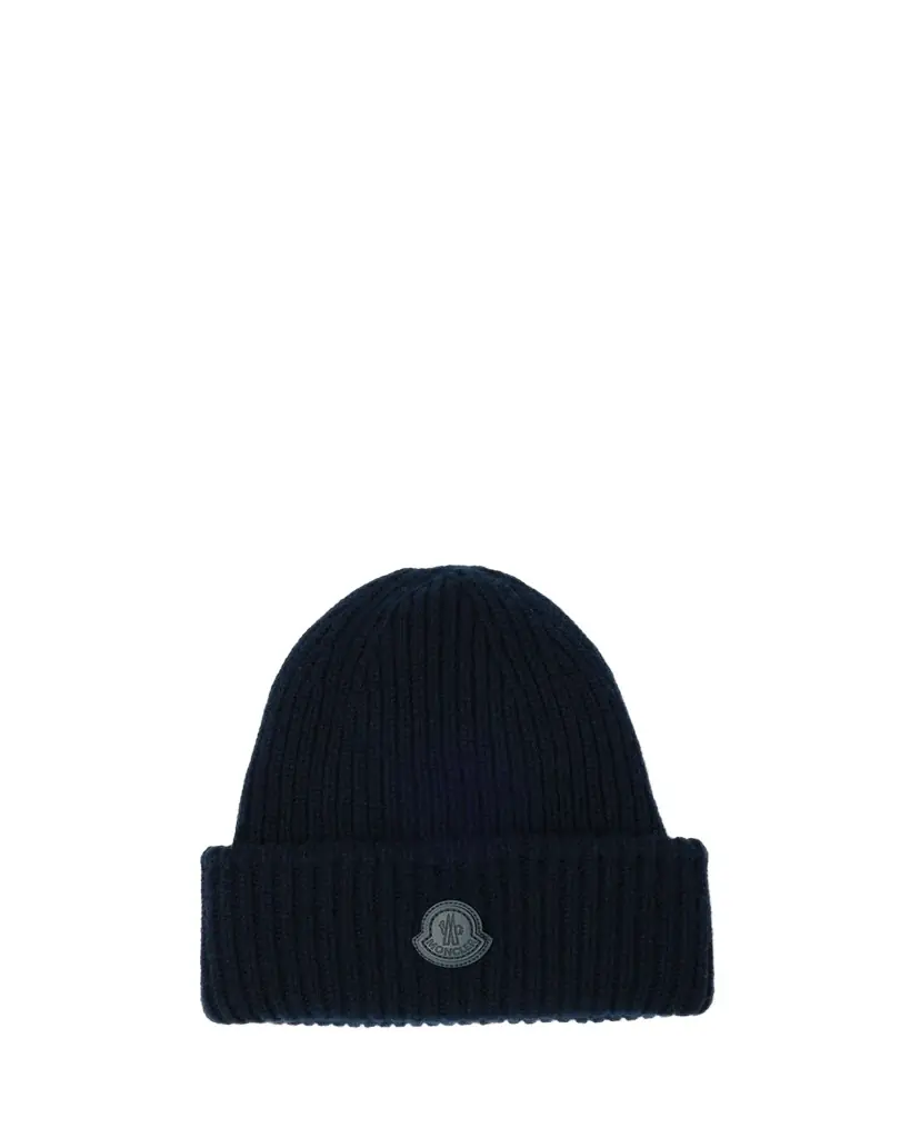 Moncler Men's Cashmere Rib Leather-Logo Beanie Hat