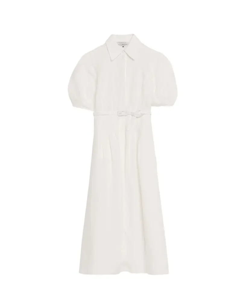 Gabriela Hearst Maude Linen Puff-Sleeve Belted Midi Shirtdress