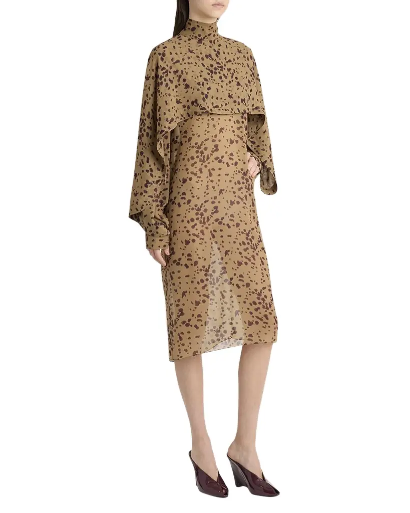 Ferragamo Orchid Print Silk Cape Midi Dress
