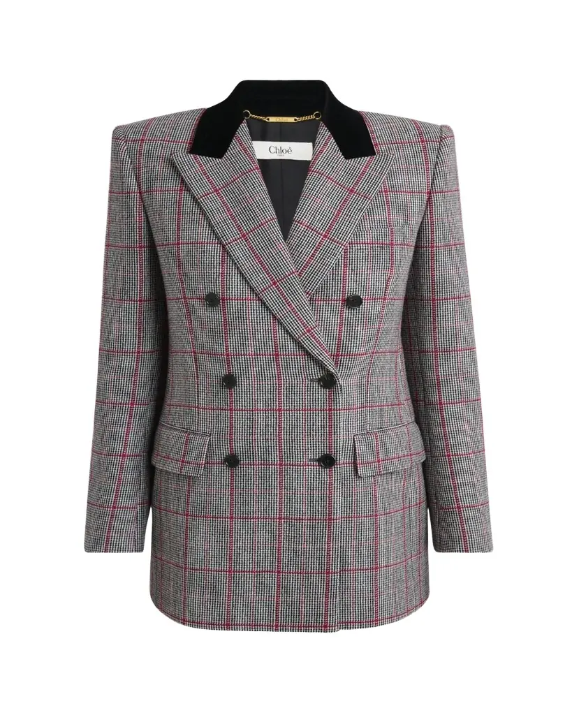 Chloe Check Wool Velvet-Trim Double-Breasted Jacket