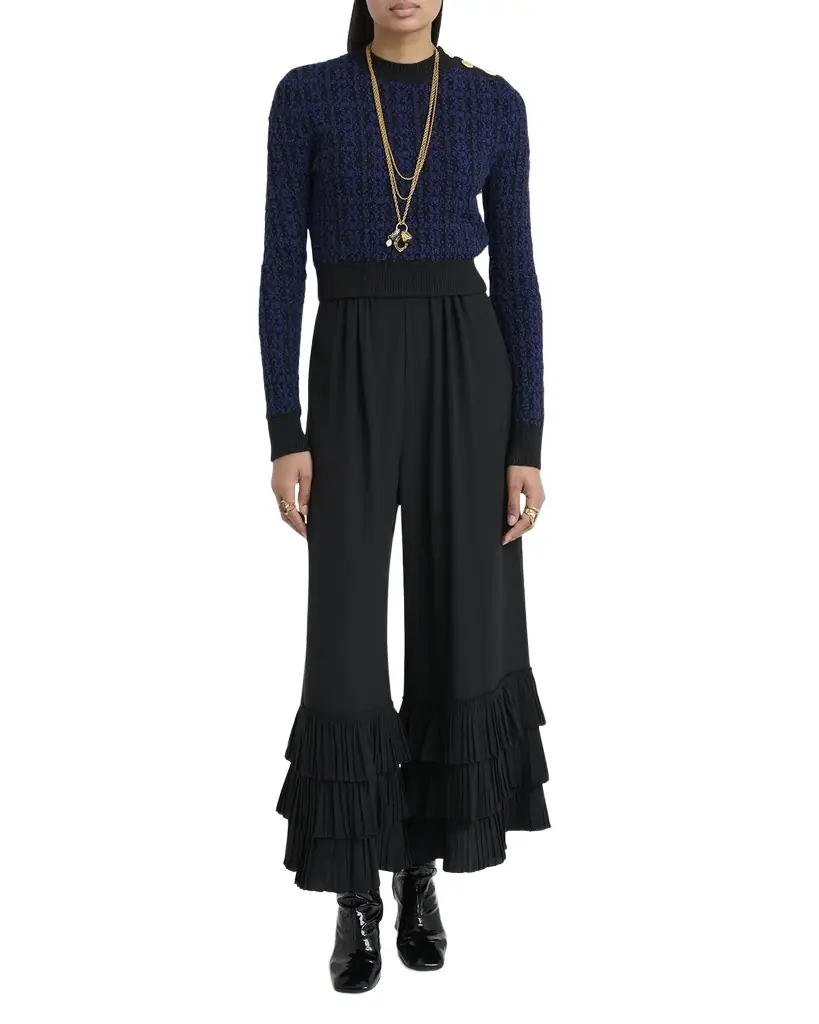 Chloe Button-Shoulder Boucle Knit Crop Sweater