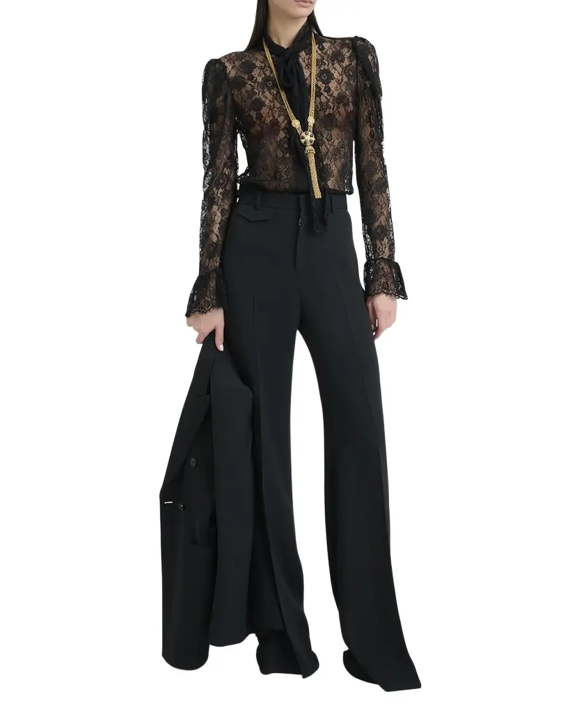 Chloe Tie-Neck Lace Button-Down Blouse