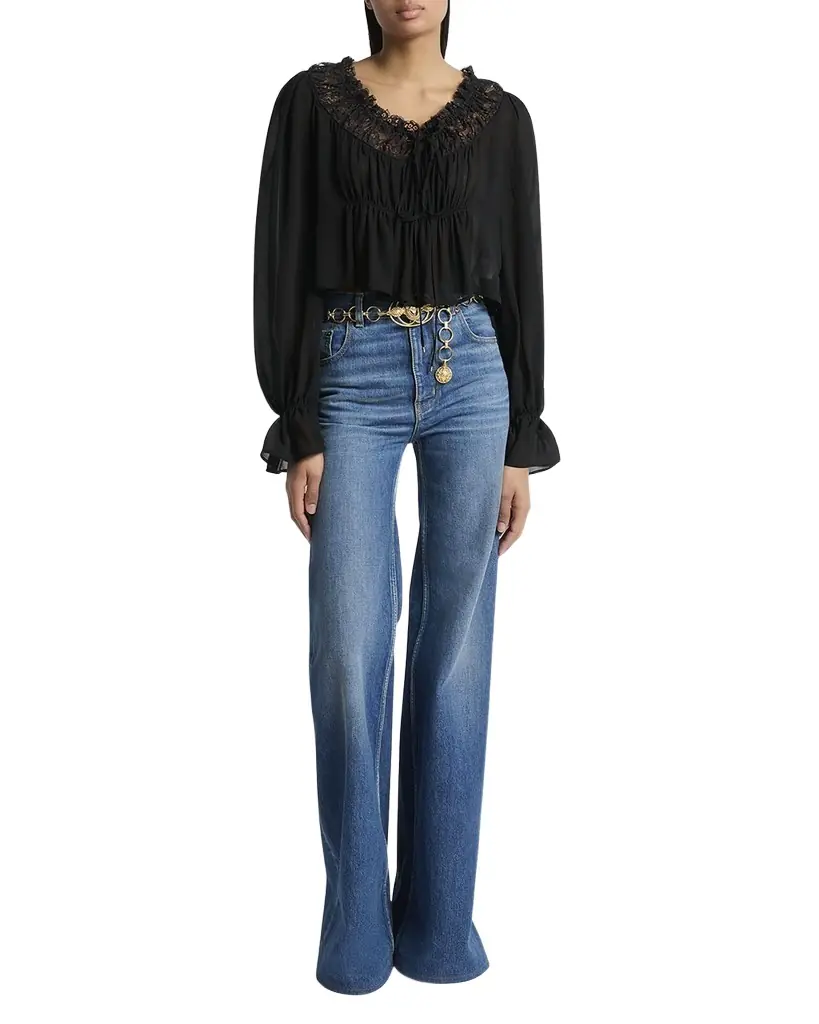 Chloe Ruched Lace Silk Peasant Blouse