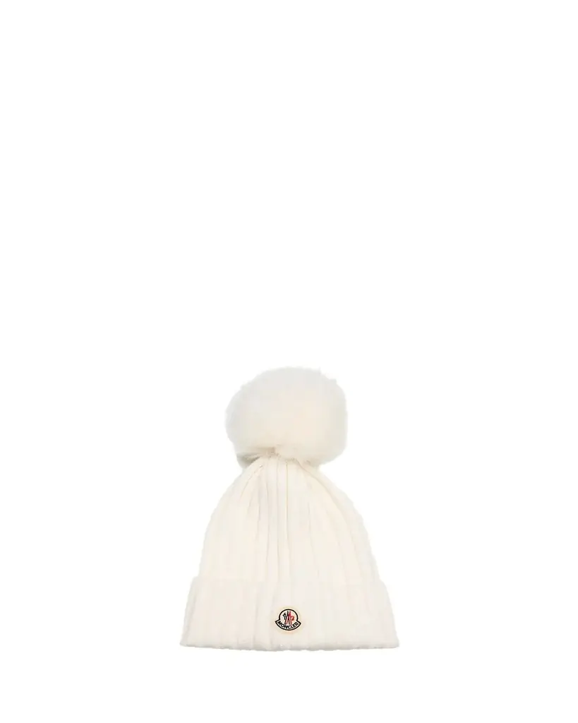 Moncler Wool Beanie with Faux Fur Pom