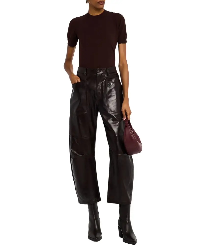 Nili Lotan Shon Leather Barrel-Leg Ankle Pants