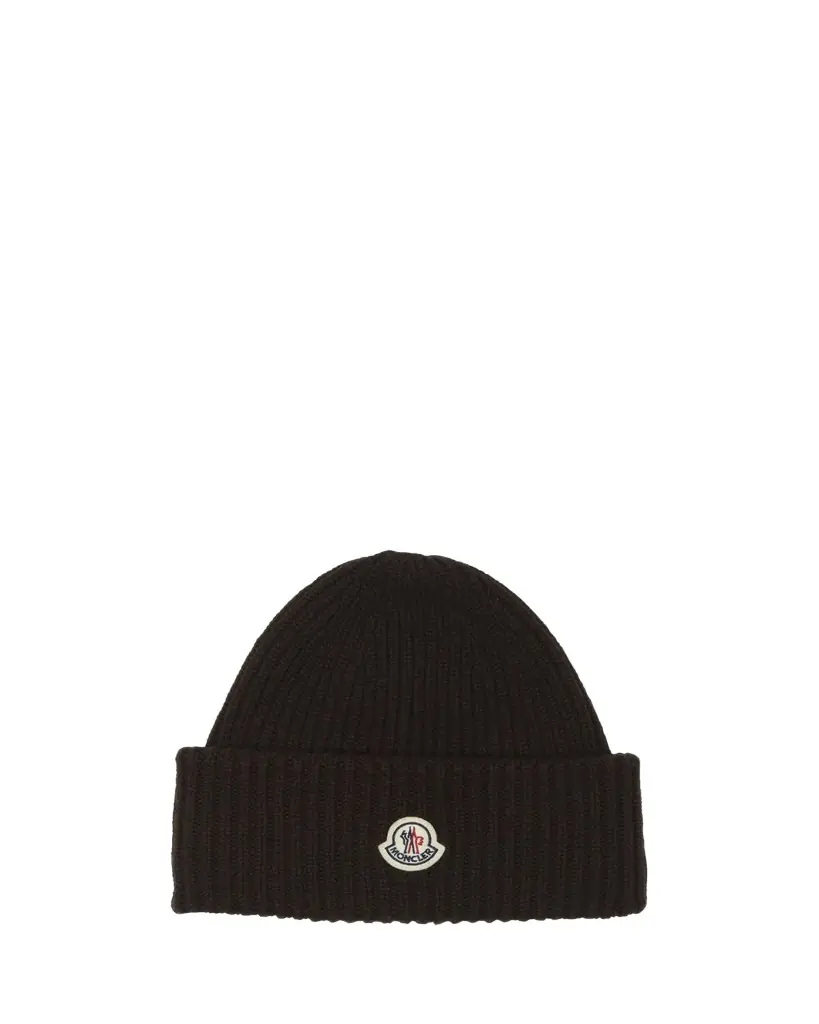 Moncler Men's Cashmere and Wool Rib Logo Beanie Hat