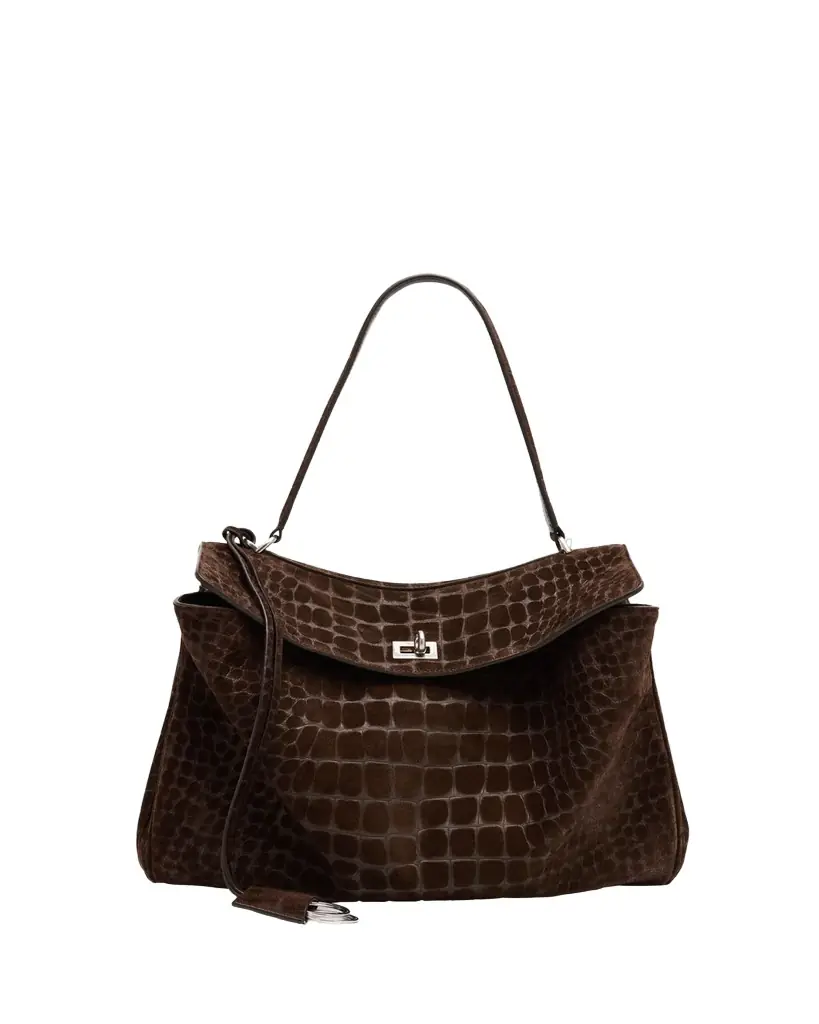 Balenciaga Rodeo Medium Croc-Embossed Suede Top-Handle Bag