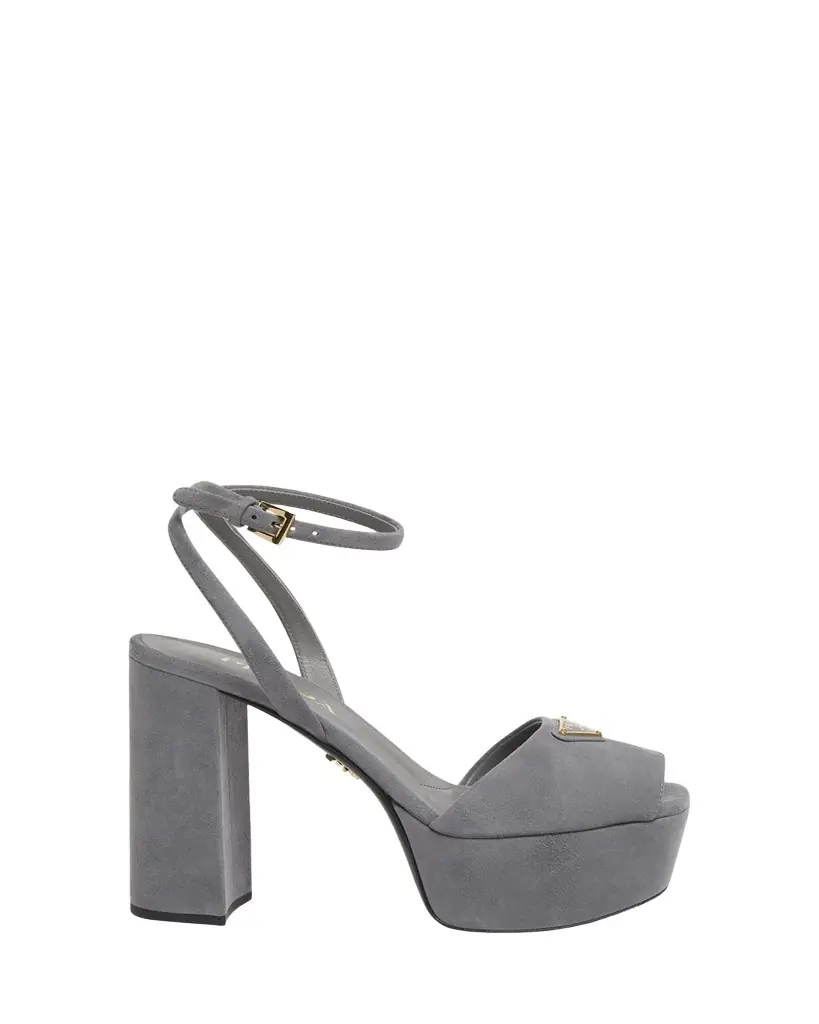 Prada Triangle Logo Suede Ankle-Strap Platform Sandals