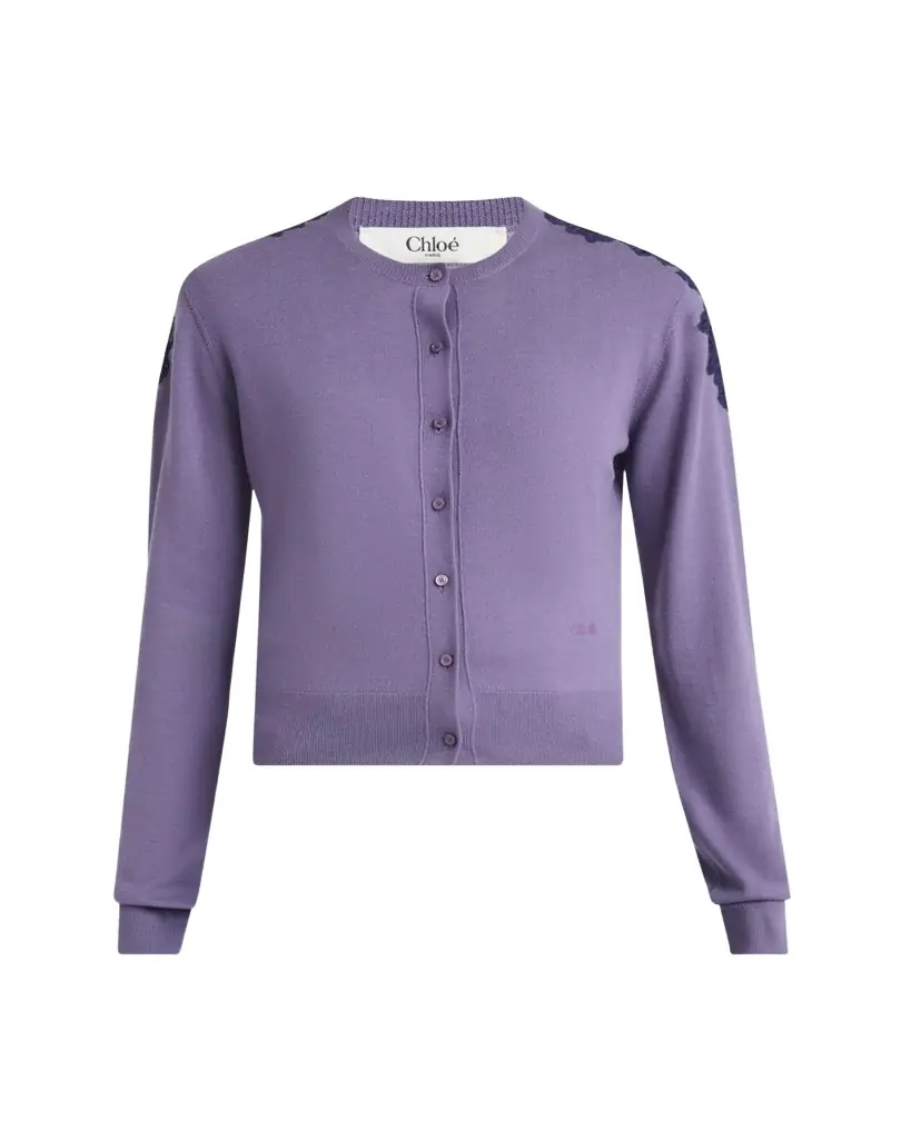 Chloe Guipure Lace-Trim Crewneck Knit Cardigan