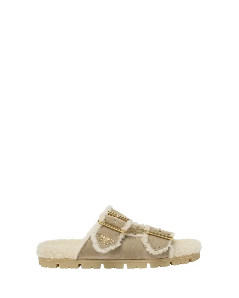 Prada Suede Shearling Lined Dual-Buckle Slide Sandals