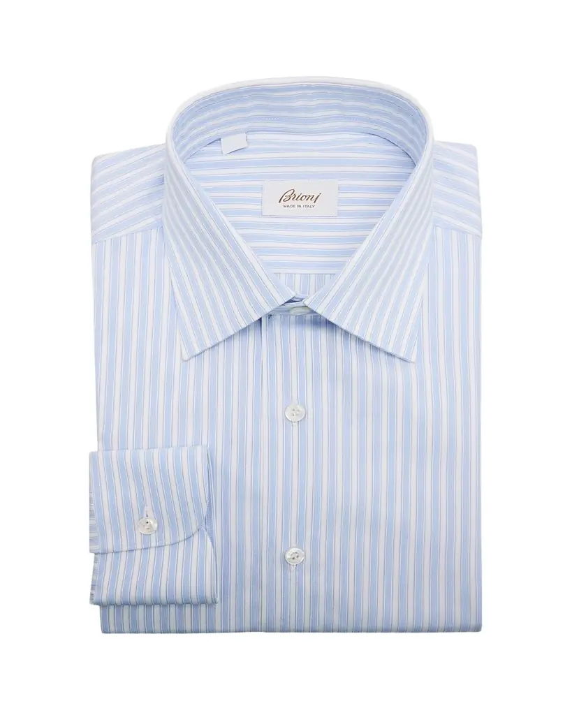 Brioni Men's Textured Cotton Stripe Point-Collar Dress Shirt