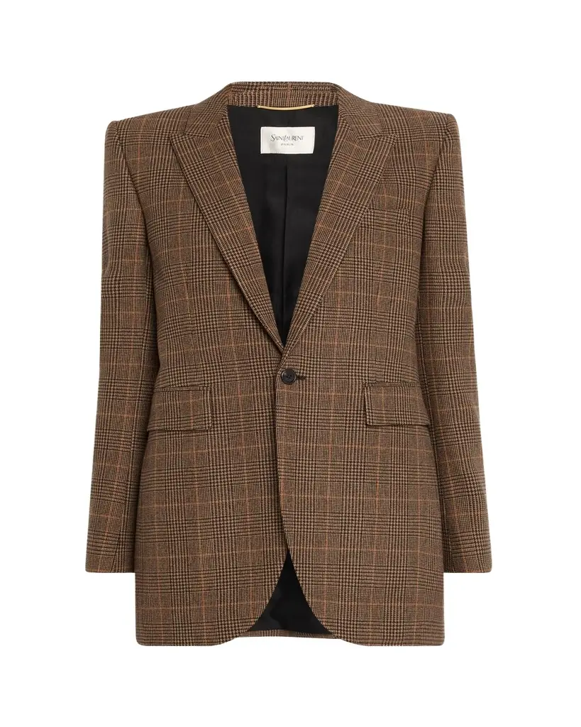 Saint Laurent Single-Breasted Slim Houndstooth Plaid Blazer