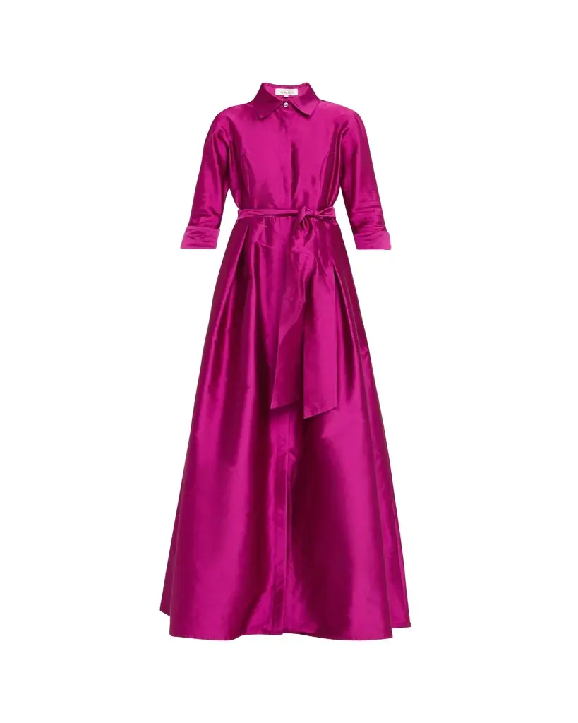 Rickie Freeman for Teri Jon 3/4-Sleeve Taffeta Shirtdress Gown