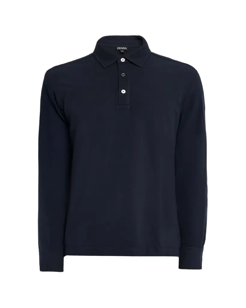 ZEGNA Men's Leather-Trim Cotton Long-Sleeve Polo Shirt