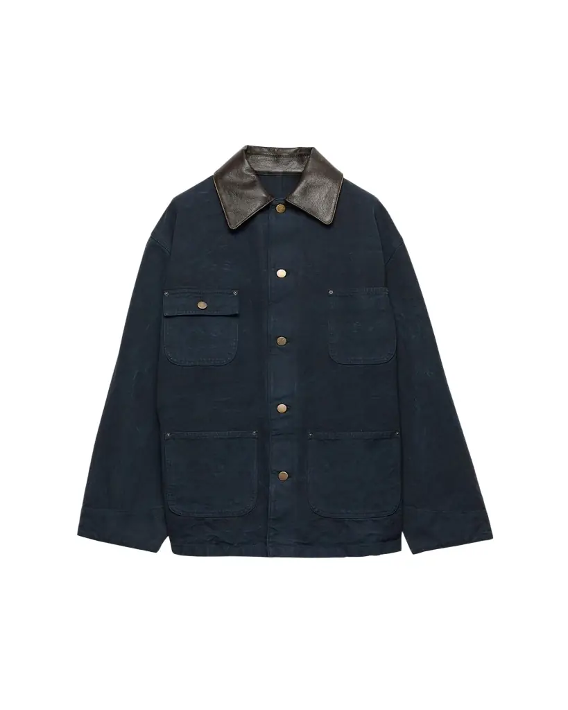 Prada Leather-Collar Canvas Utility Jacket