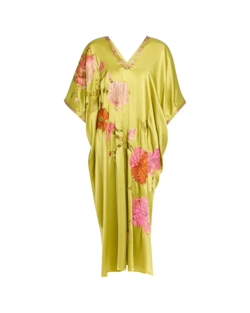 Josie Natori Floral-Embroidered Silk Caftan