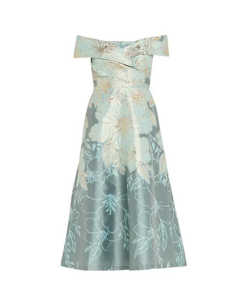 Rickie Freeman for Teri Jon Off-Shoulder Metallic Jacquard Midi Dress