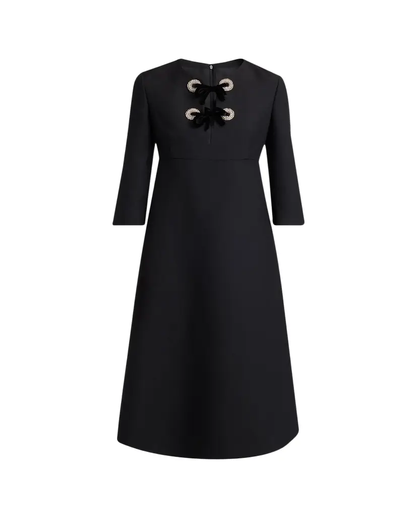 Valentino Garavani Crystal Velvet Bow 3/4-Sleeve Midi Dress