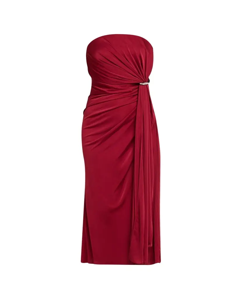 Halston Nadia Strapless Draped Jersey Midi Dress