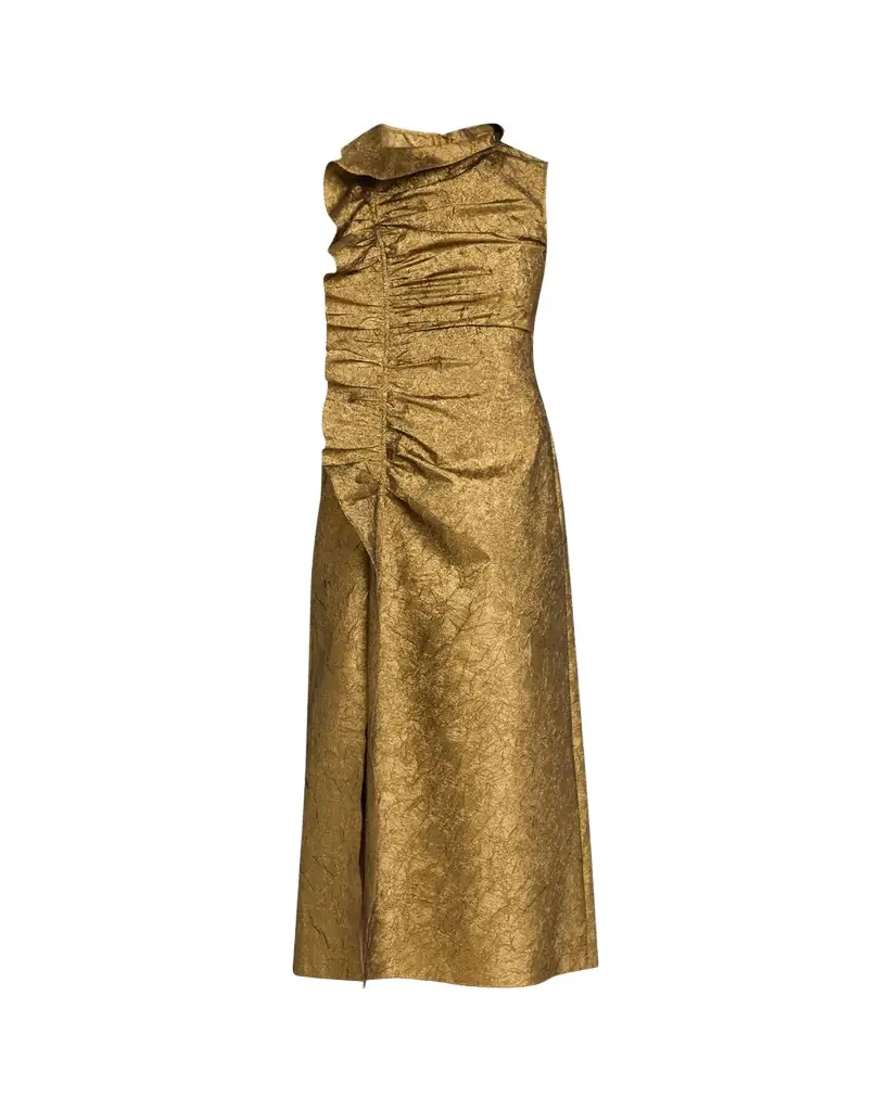 Ulla Johnson Demetria Metallic Sleeveless Ruched Midi Dress