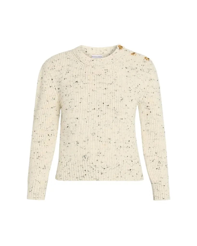 Bottega Veneta Button-Shoulder Speckled Rib Crewneck Sweater
